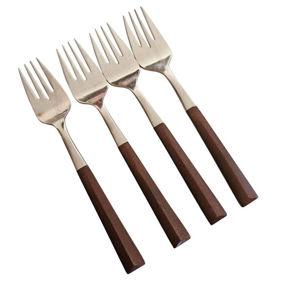 4 Woodwind Salad Fork 5" wood-like handle vtg midcentury boho minimalist mixed m - Picture 2 of 9